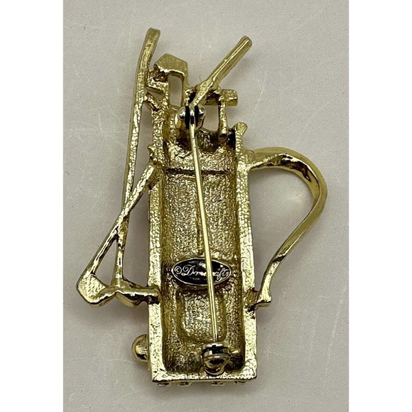Vtg Dane Craft Golf Bag Clubs Brooch Pin Enamel Gold Tone Rhinestone Pearl 2.5" - Picture 2 of 5